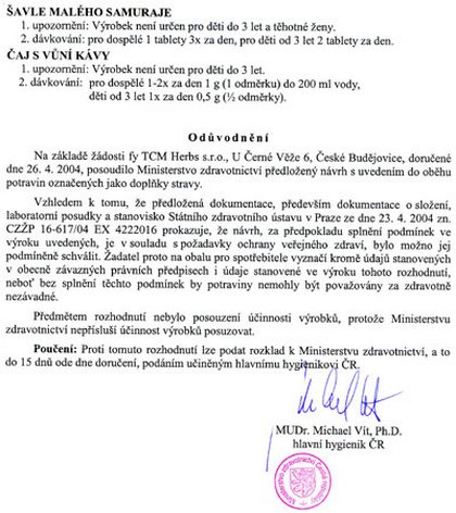 Schválení Státním zdravotním ústavem (SZÚ) a Ministerstvem zdravotnictví ČR o zdravotní nezávadnosti bylinných tablet a kuliček WAN.